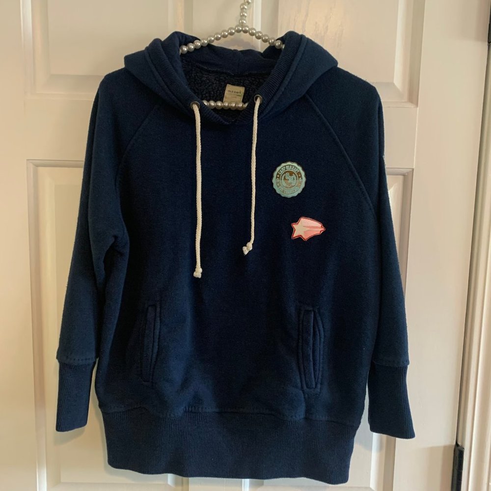 Old Navy Ladies Navy Hooded 3/4 Sleeve Sweatshirt w/ Patch Detail Size L